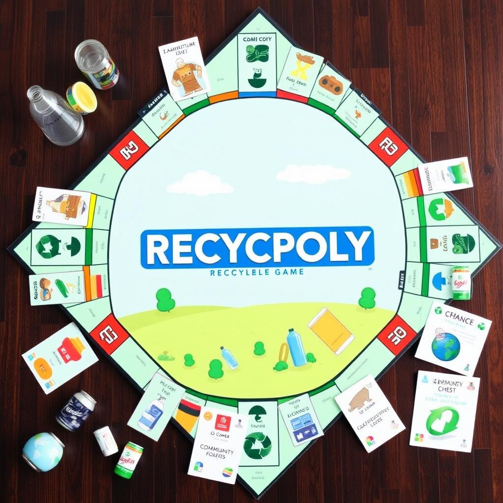 Create a unique Monopoly-style game called 'Recycle-Opoly' featuring recyclable materials and eco-friendly themes