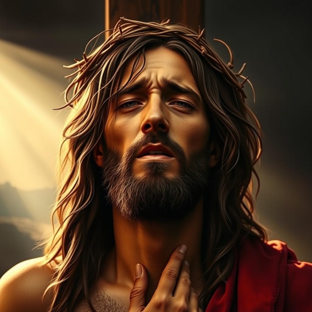 A powerful portrait of Jesus suffering, depicted with deep emotions and dramatic lighting