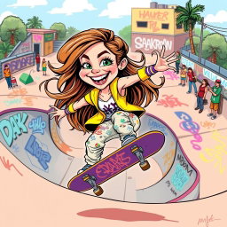 A vibrant caricature of a girl skateboarding, showcasing her dynamic pose and energetic spirit