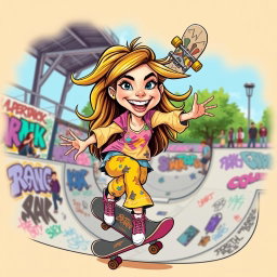 A vibrant caricature of a girl skateboarding, showcasing her dynamic pose and energetic spirit