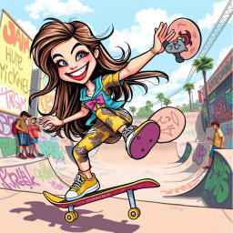 A vibrant caricature of a girl skateboarding, showcasing her dynamic pose and energetic spirit