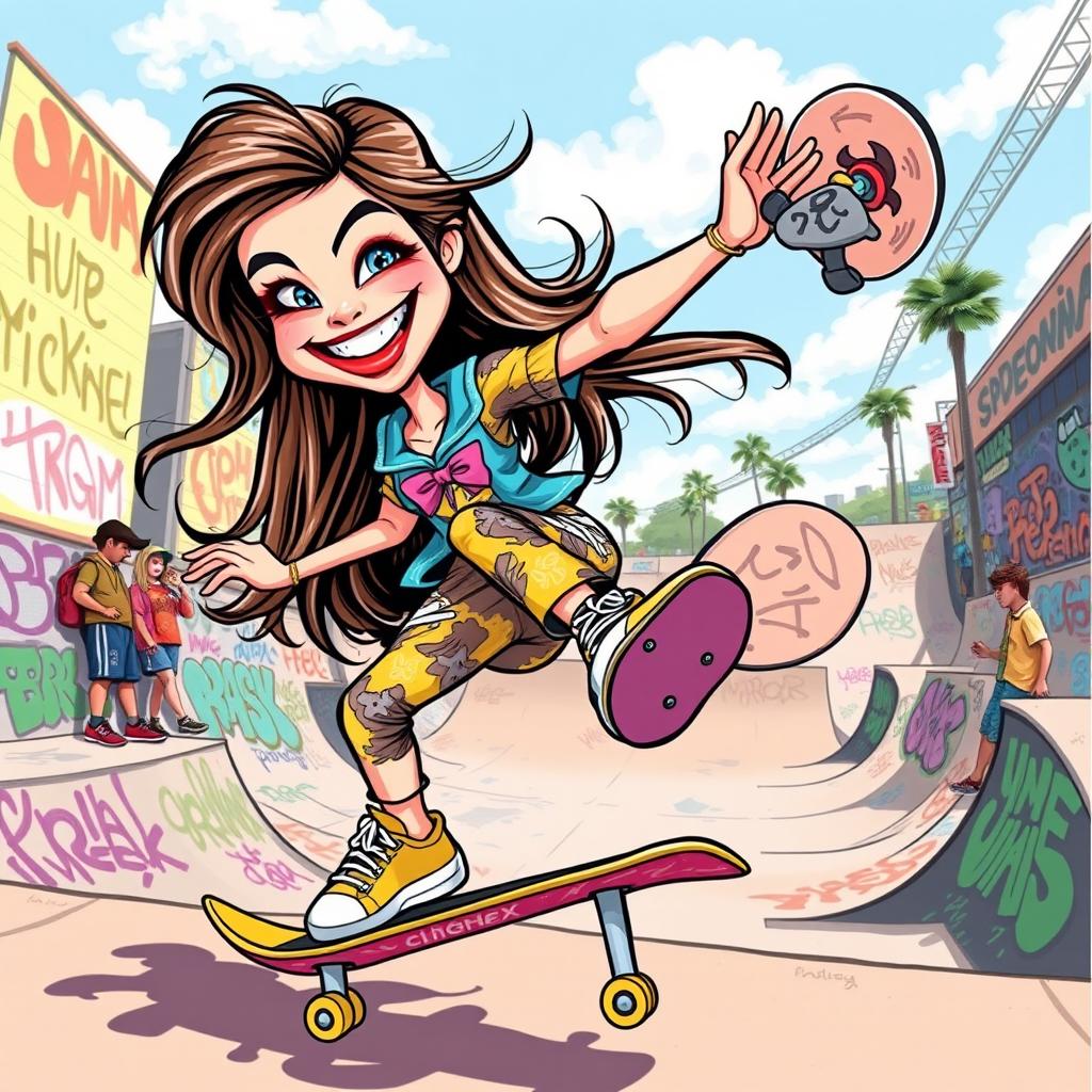 A vibrant caricature of a girl skateboarding, showcasing her dynamic pose and energetic spirit