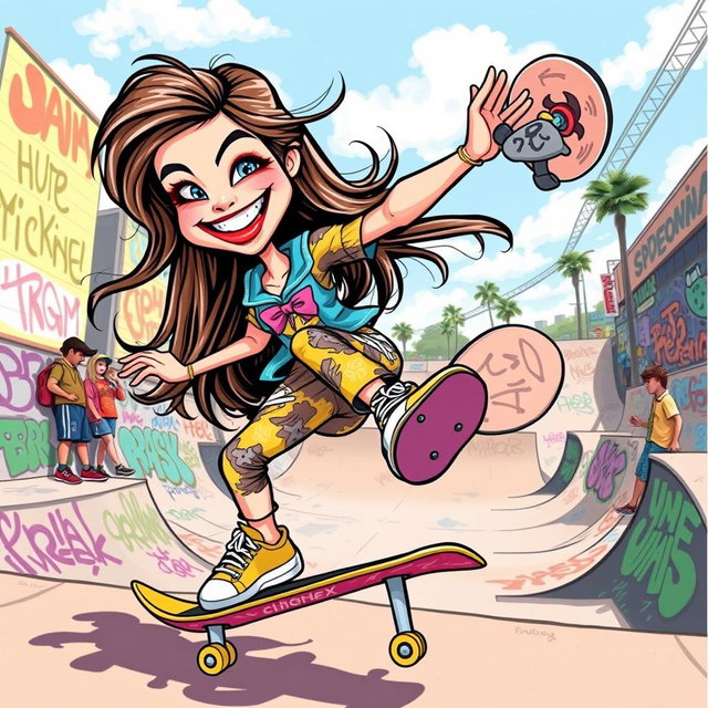 A vibrant caricature of a girl skateboarding, showcasing her dynamic pose and energetic spirit