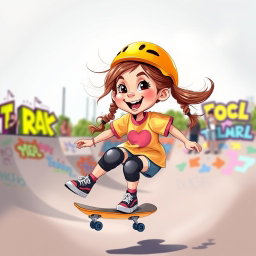 A playful caricature of a young girl skateboarding, emphasizing her excitement and energy