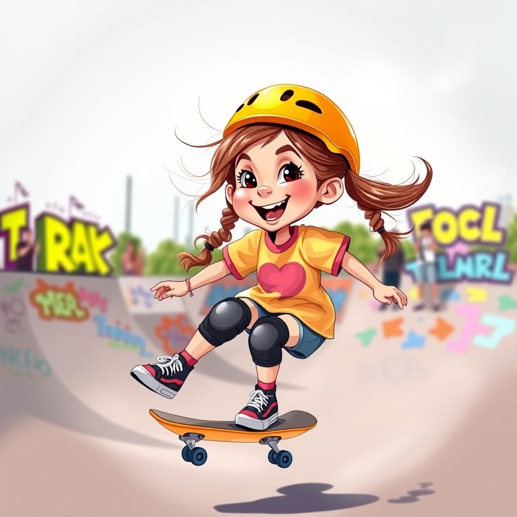 A playful caricature of a young girl skateboarding, emphasizing her excitement and energy