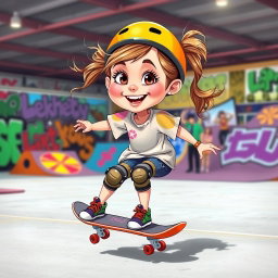 A playful caricature of a young girl skateboarding, emphasizing her excitement and energy
