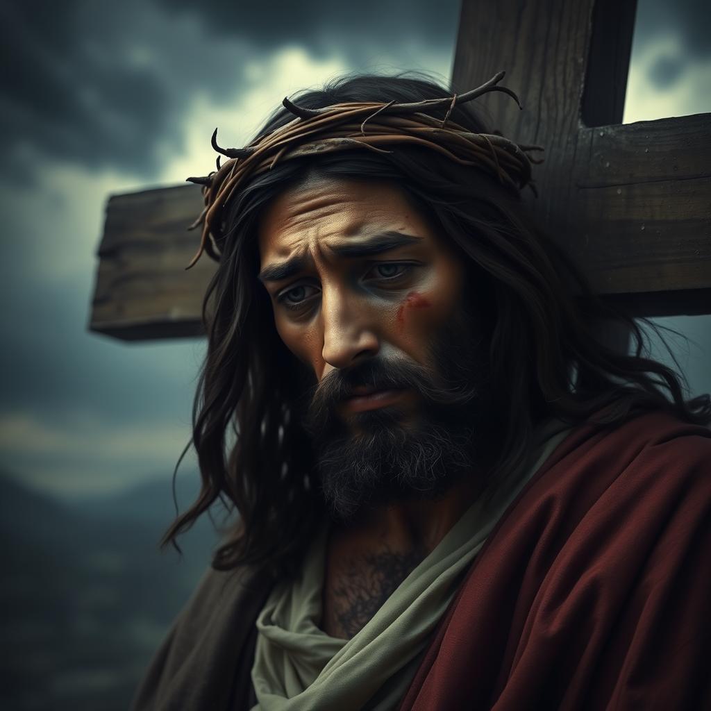 A somber depiction of Jesus Christ in a moment of suffering, showcasing His expression of pain and compassion