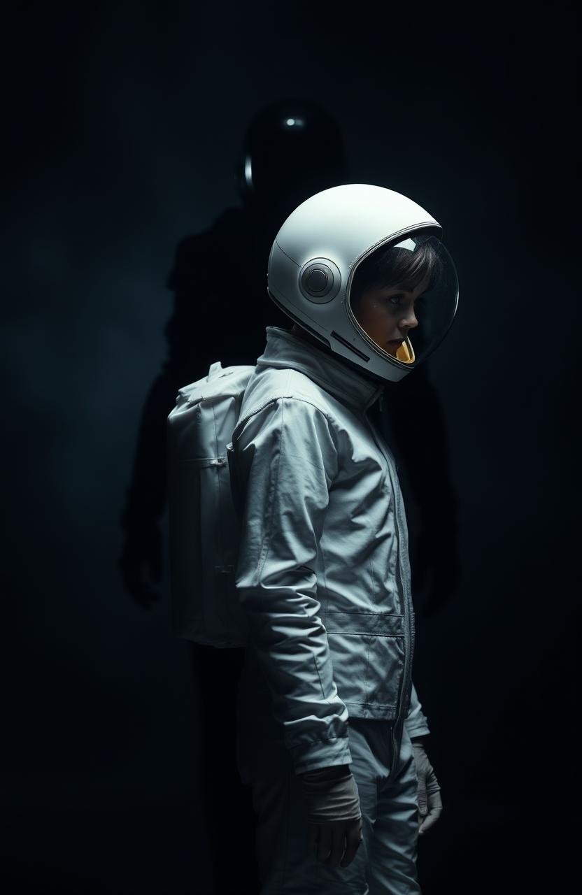 A girl in a white spacesuit without a helmet, standing in the darkness with a semi-profile view