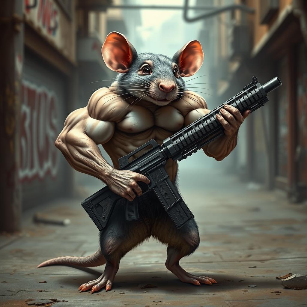 A muscular rat standing confidently, holding a large gun