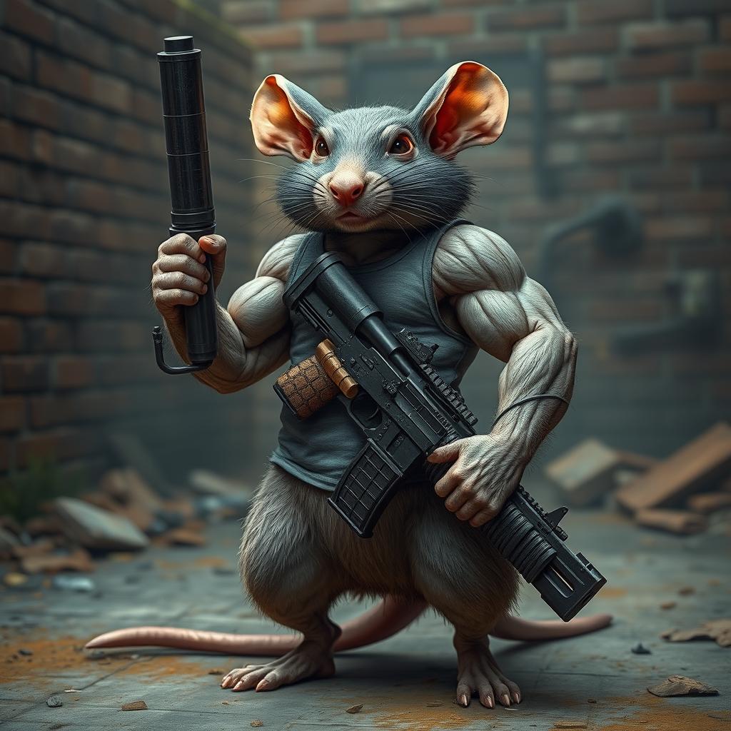 A muscular rat standing proudly with a large gun, showcasing its bodybuilder physique