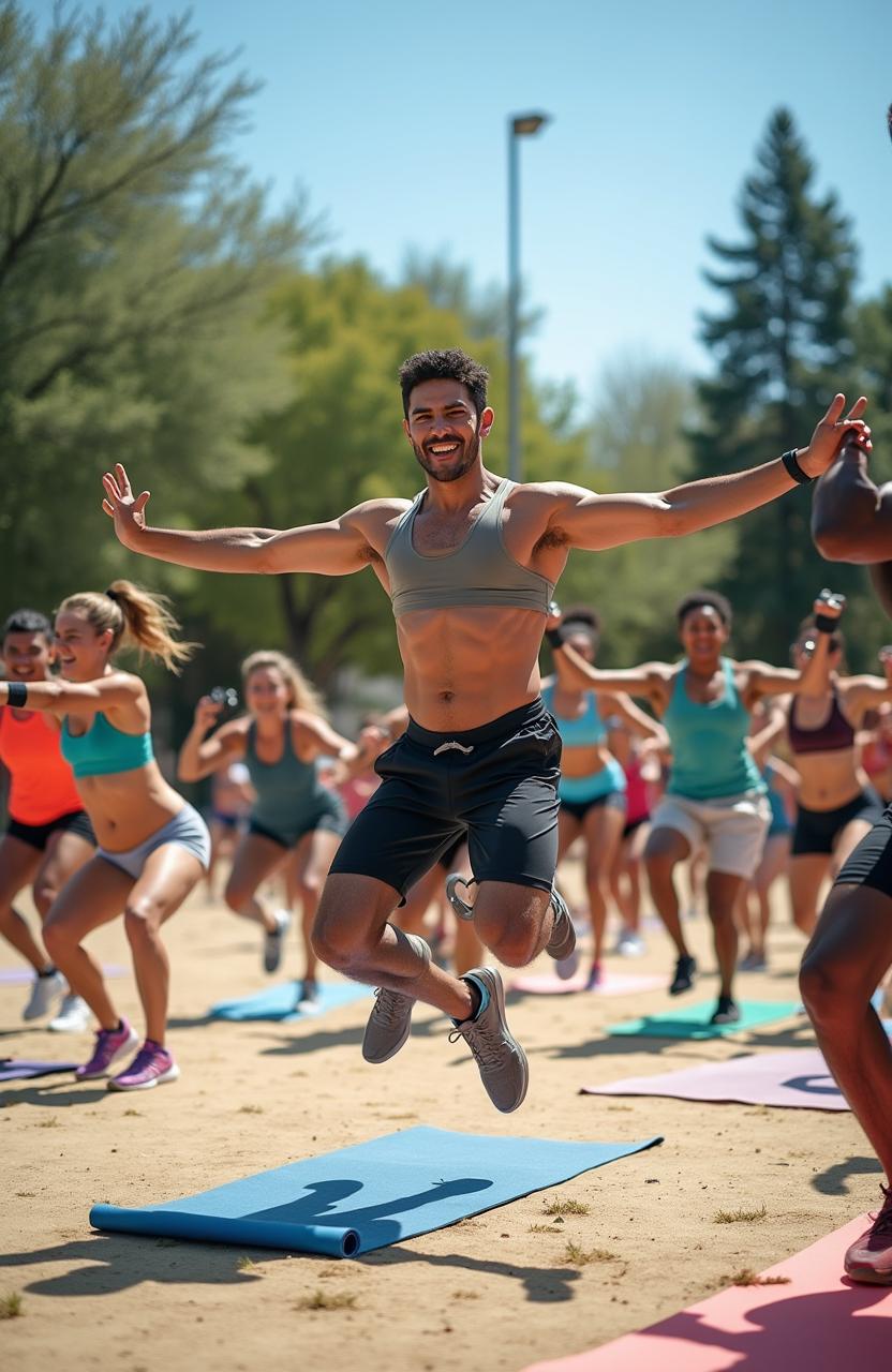 A dynamic and engaging scene featuring men and women of diverse ethnicities participating in a 30-day fitness program outdoors