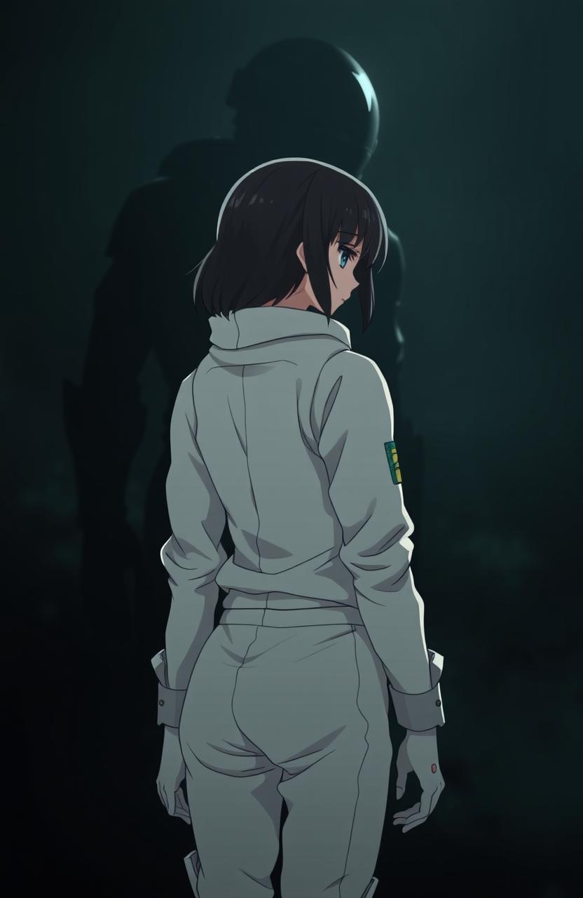 A girl in a white space suit without a helmet, standing in the darkness at a slight angle