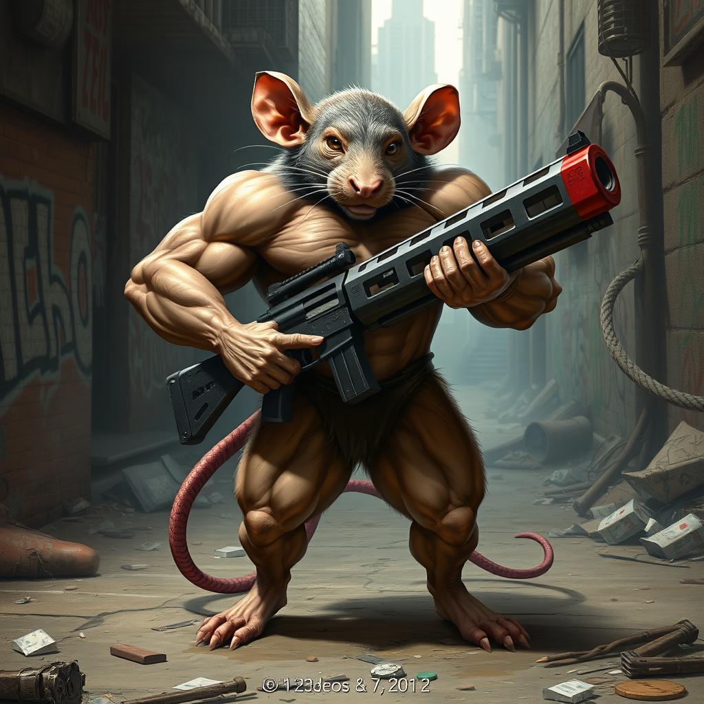 A powerful bodybuilding rat standing prominently with a large gun, exuding confidence and strength