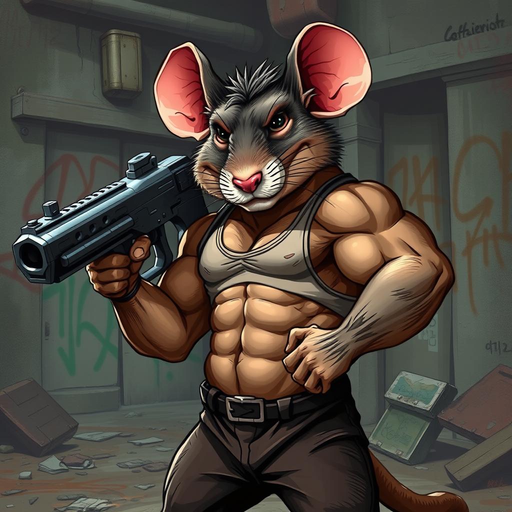 A strong, muscular rat standing assertively, wielding a large gun, showcasing its impressive bodybuilder physique