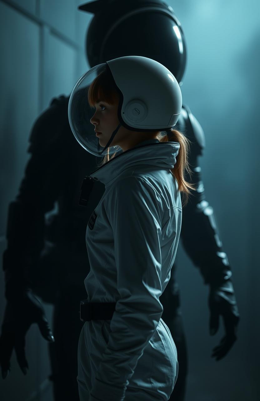 A girl in a white spacesuit without a helmet, standing in darkness with a semi-profile view
