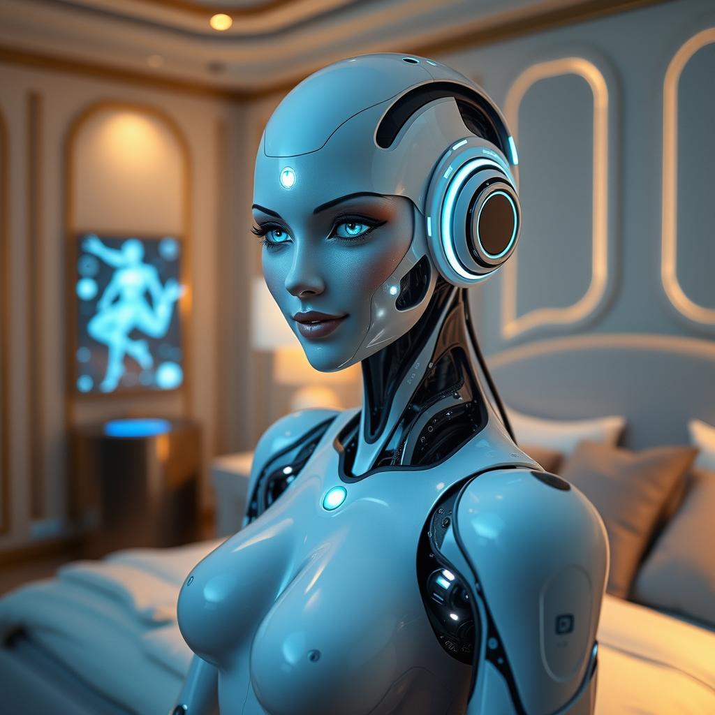 A futuristic, highly detailed depiction of a humanoid sexbot, elegantly designed with smooth synthetic skin, glowing accents, and articulated joints