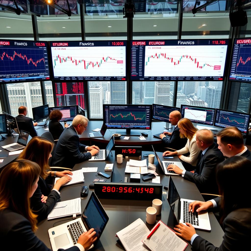 A modern financial news room with multiple screens displaying stock market graphs, financial charts, and economic news headlines