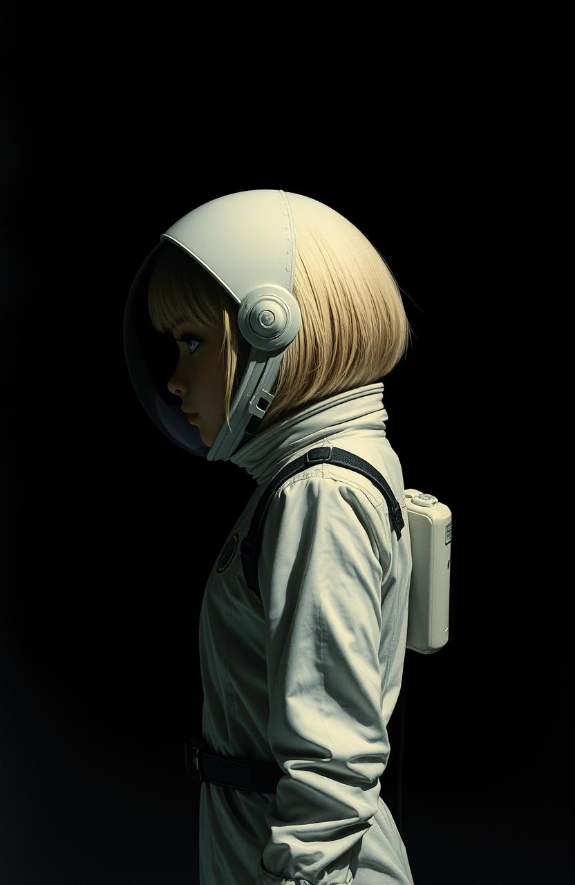 A girl in a white space suit without a helmet, with short blonde hair, stands in the darkness in a half-profile pose