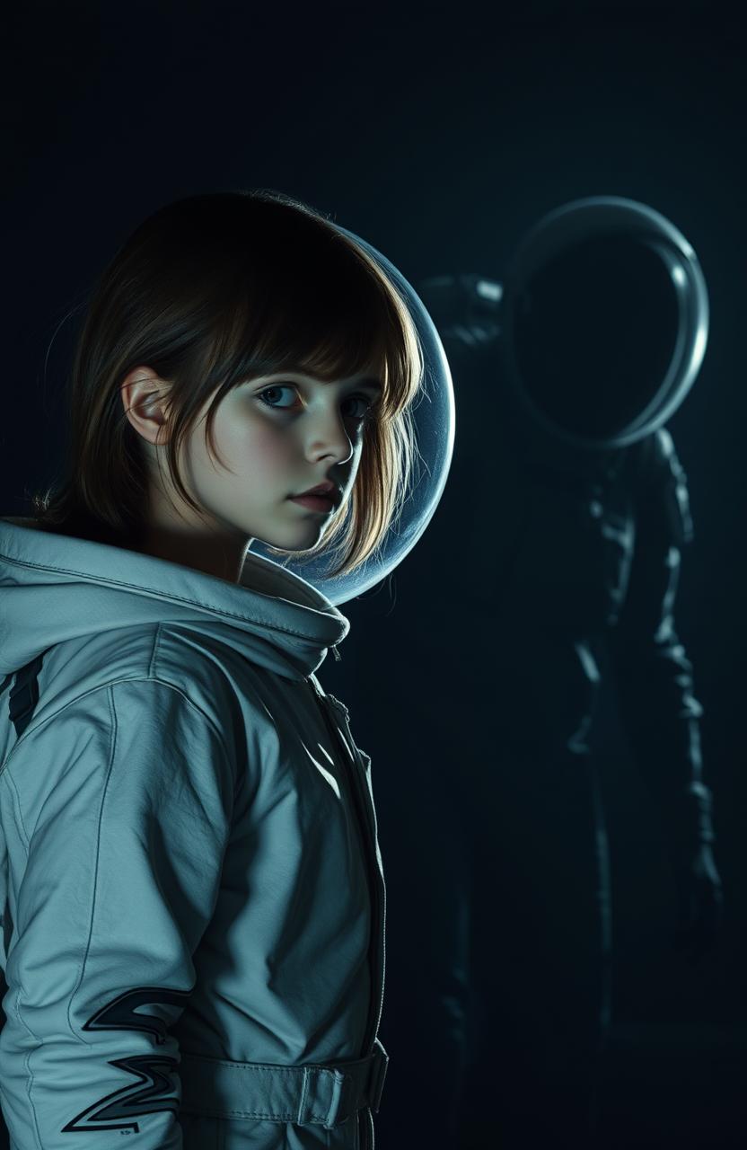 A girl in a white spacesuit without a helmet, standing in the darkness in a half-side profile