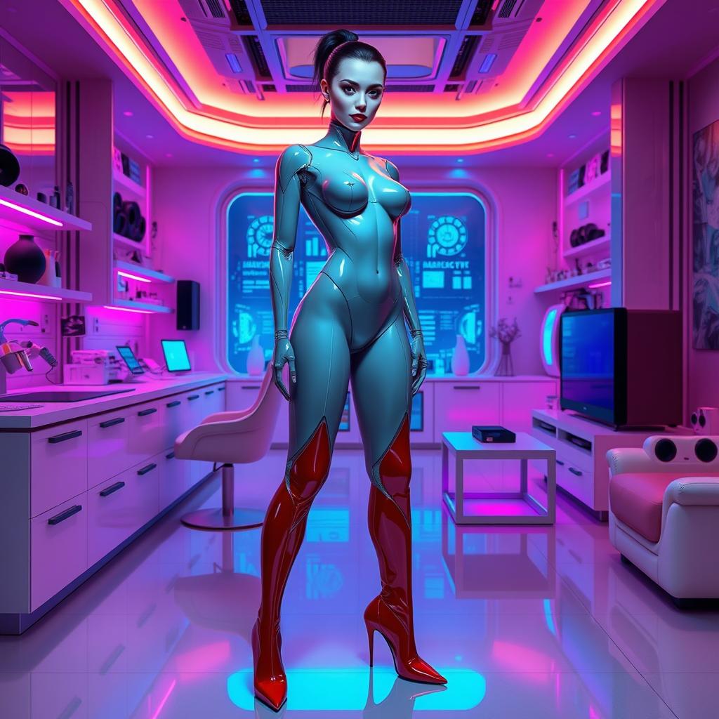 A sleek and futuristic humanoid sexbot, beautifully designed with flawless synthetic skin and striking features, wearing high heel PVC red boots that reflect light with a glossy finish