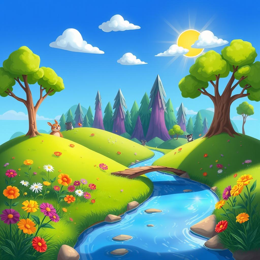A vibrant and imaginative 2D game background, featuring lush green hills, colorful flowers, and a bright blue sky