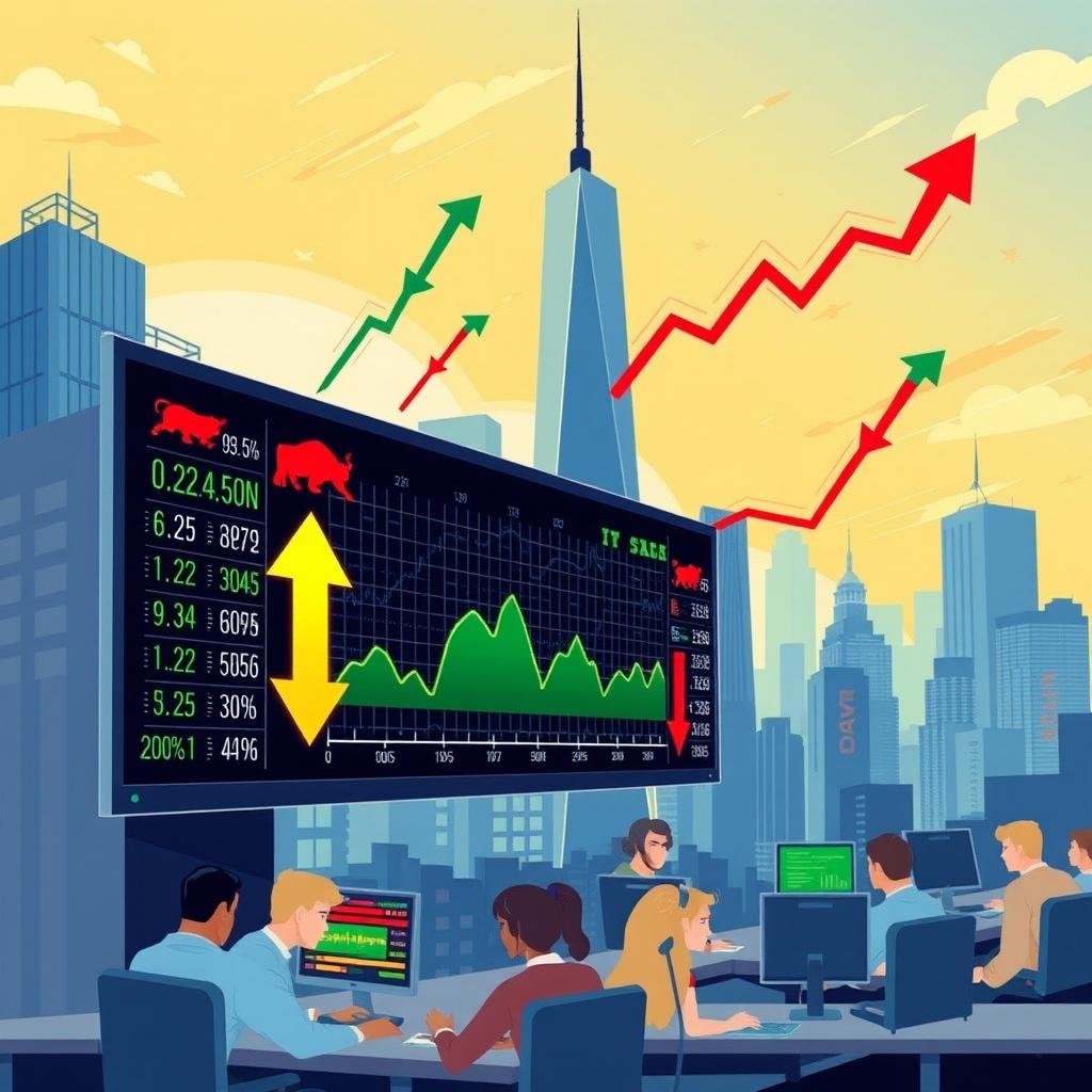A visually striking and informative stock market news illustration, featuring a dynamic city skyline in the background with skyscrapers