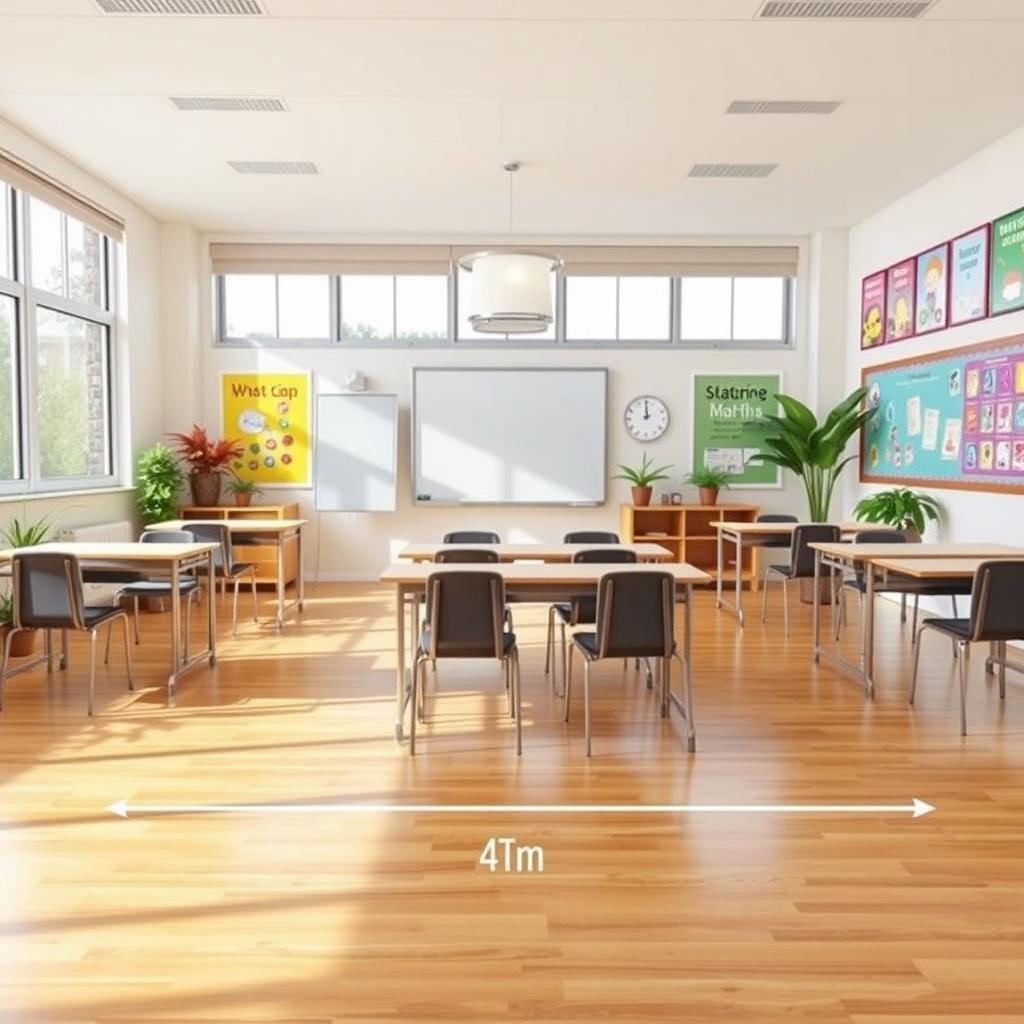 A classroom measuring 4x4 meters, designed with a contemporary style, featuring 8 sets of student desks arranged neatly