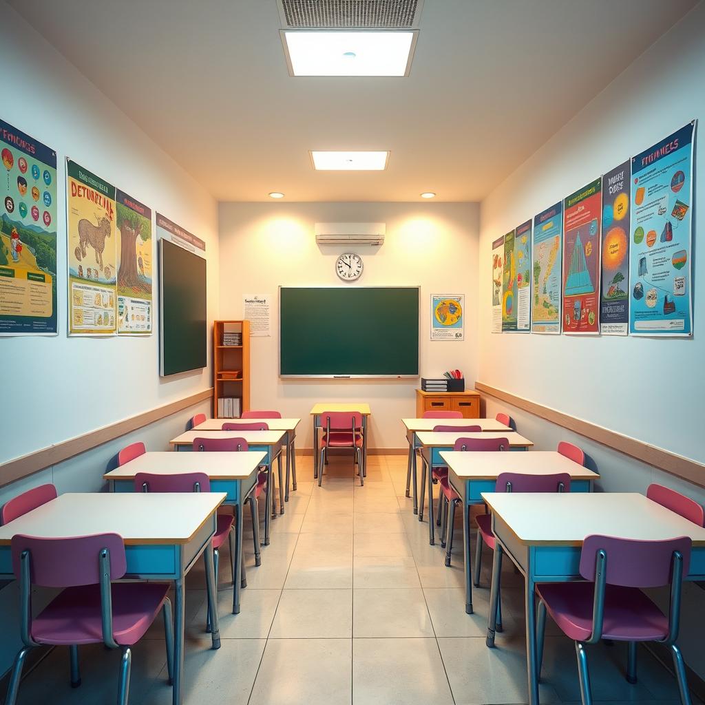 A compact classroom measuring 2x2 meters, thoughtfully designed with 8 sets of student desks arranged efficiently to maximize space