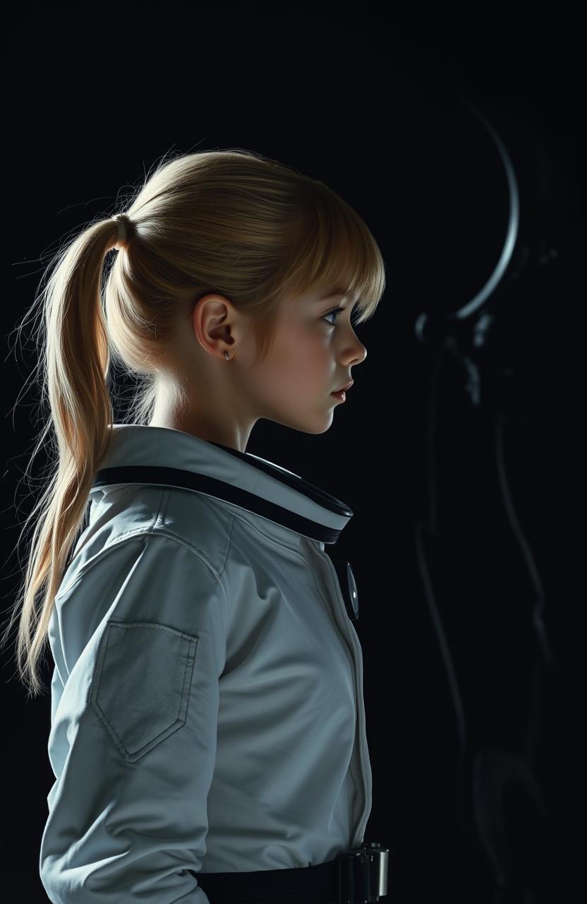 A girl in a white space suit without a helmet, standing in the darkness with a half-profile view