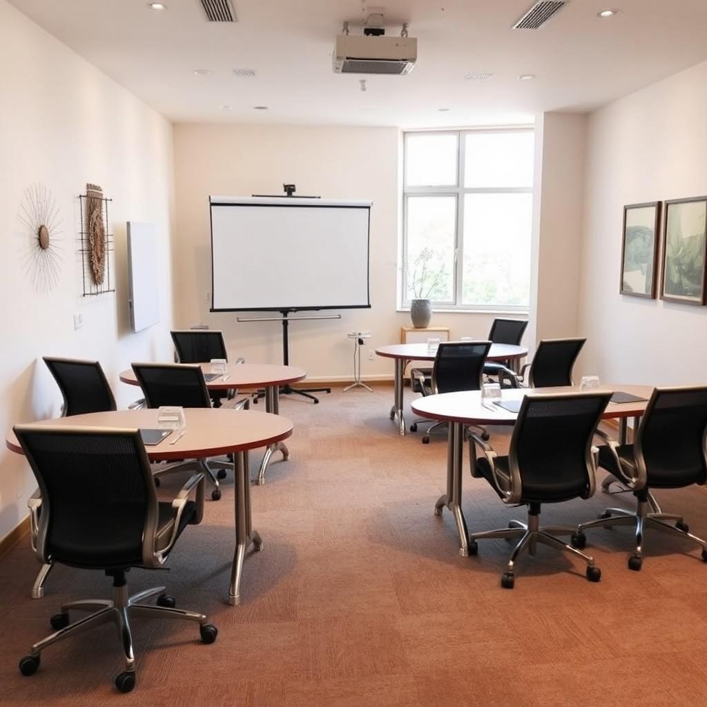 A compact conference room measuring 2x2 meters, designed for small group discussions, featuring 8 sets of circular tables, each with an ergonomic chair
