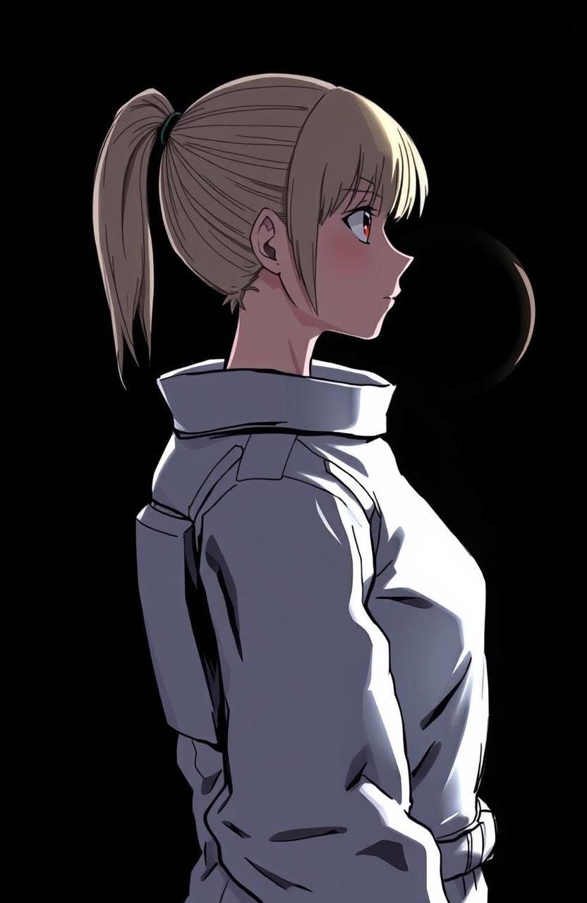 A girl in a white space suit without a helmet, standing semi-profile in darkness, with light blonde hair tied in a ponytail and brown eyes