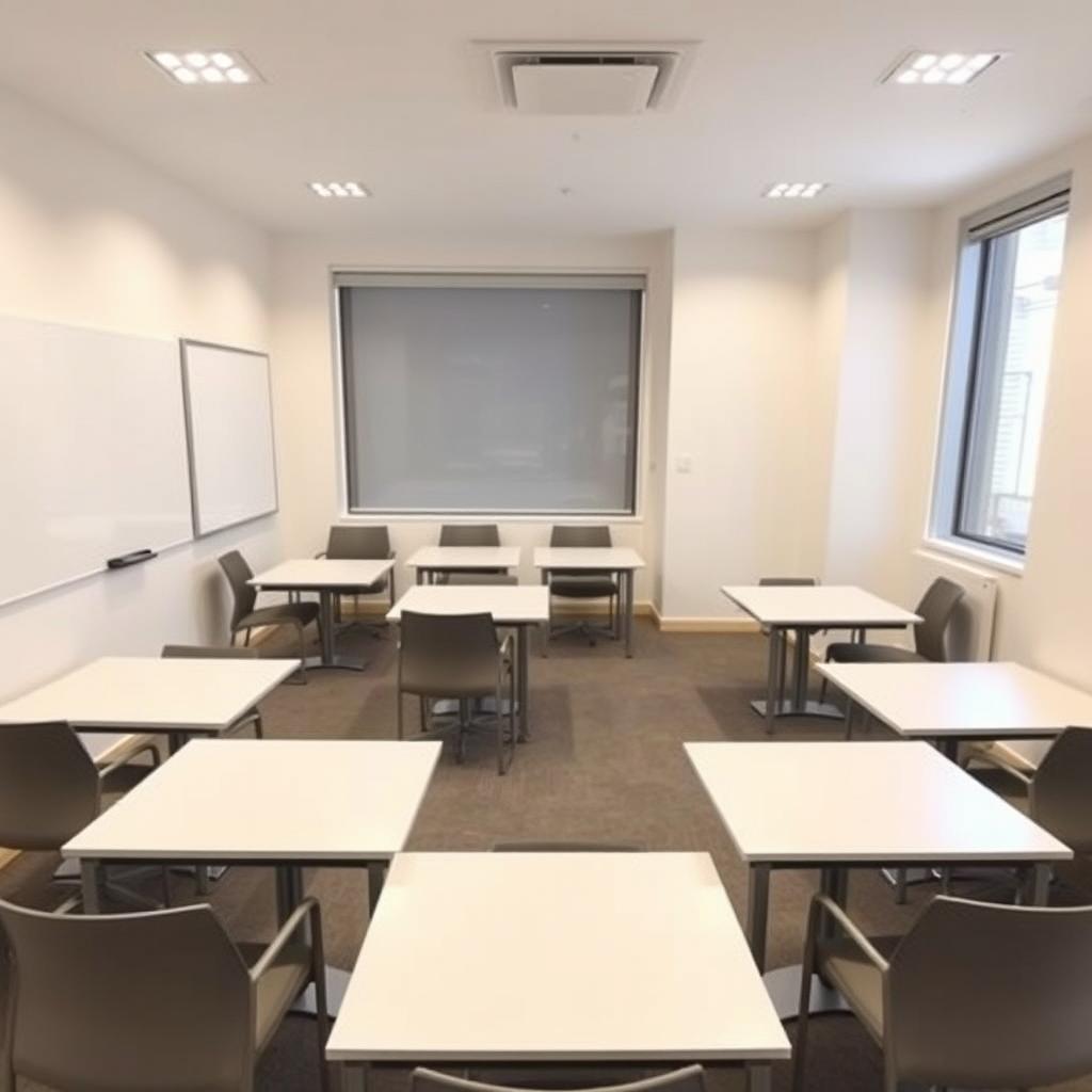 A compact conference room measuring 2x2 meters, tailored for student discussions, featuring 8 individual square sets of desks arranged strategically