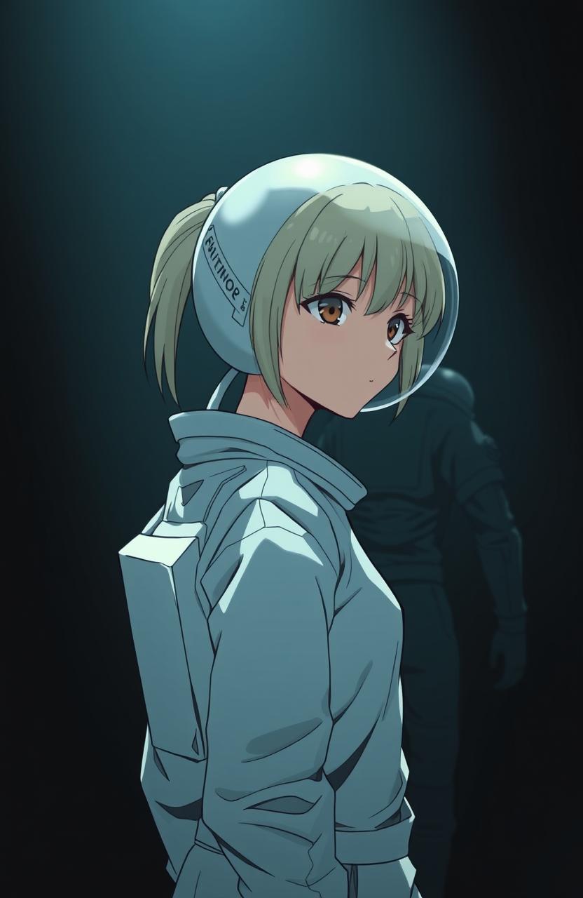 A scene depicting a girl in a white space suit without a helmet, standing in the dark at a slight side angle