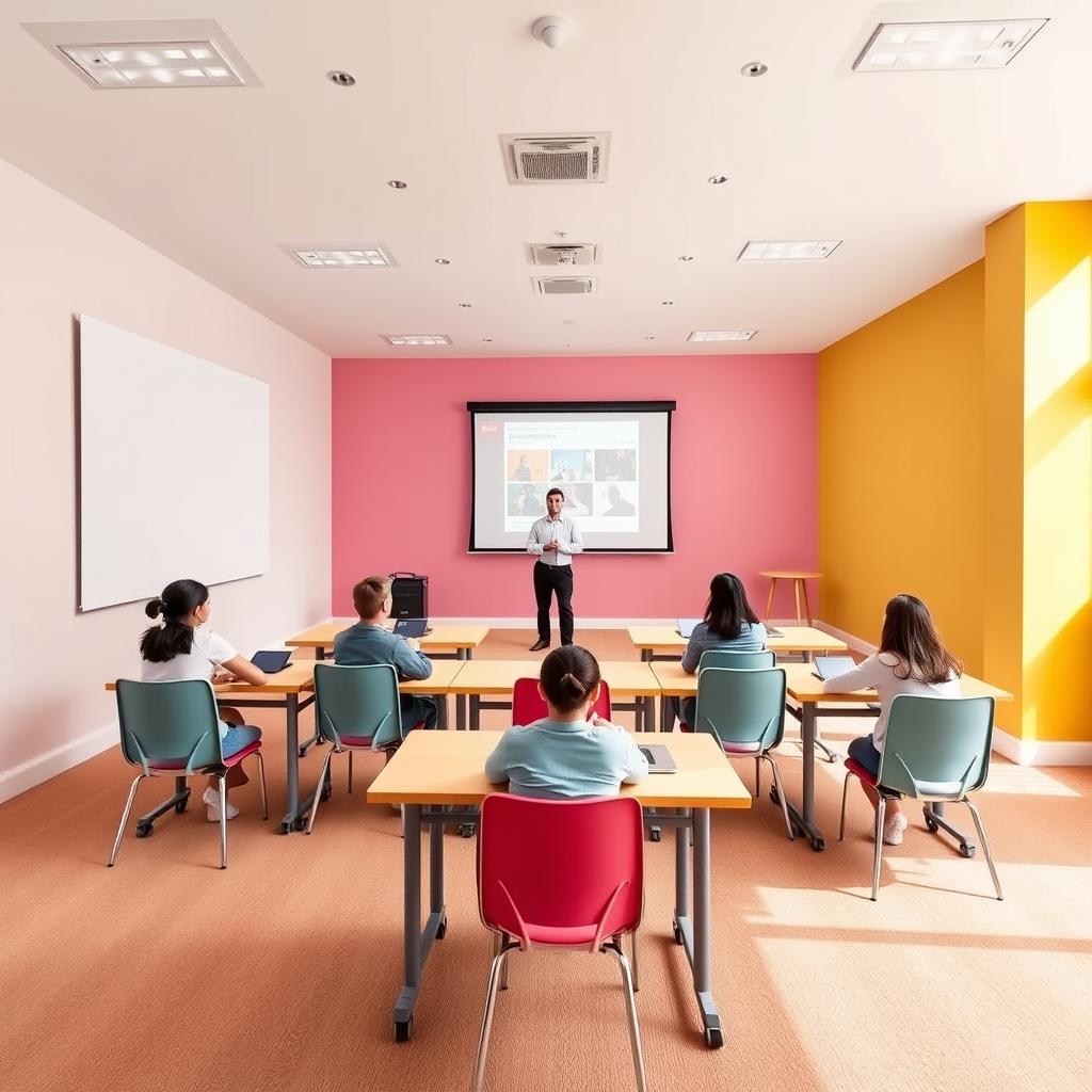 A vibrant conference room measuring 2x2 meters, featuring 8 individual square sets of desks, each paired with a comfortable chair for students