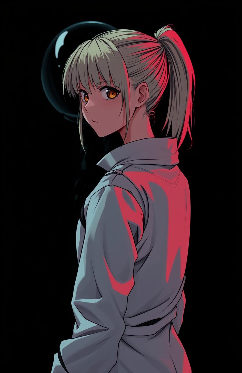 A girl in a white spacesuit without a helmet, standing half sideways in darkness