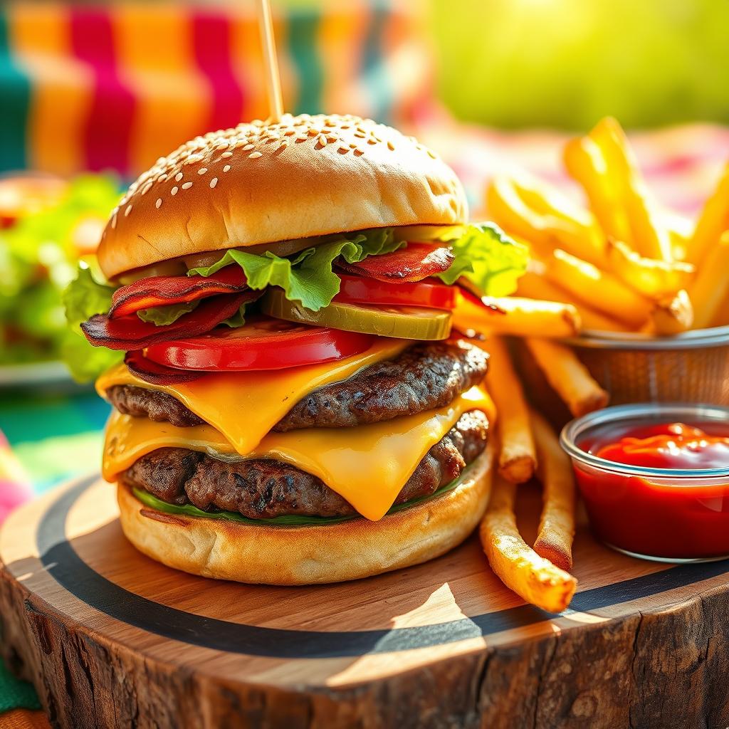 A delicious gourmet burger stacked high with a perfectly grilled beef patty, topped with melted cheddar cheese, crispy bacon, fresh lettuce, ripe tomato slices, and dill pickles, all nestled in a toasted sesame seed bun