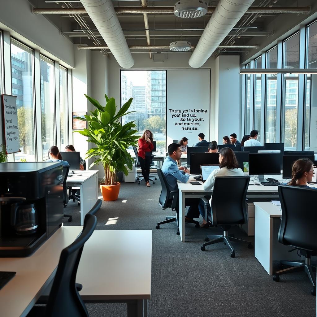 A modern office interior featuring sleek desks, ergonomic chairs, and a cozy lounge area with a coffee machine