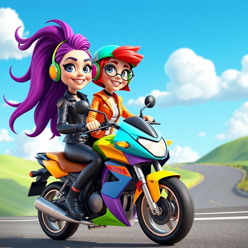 A vibrant and playful 3D cartoon scene featuring two stylish women riding a motorcycle
