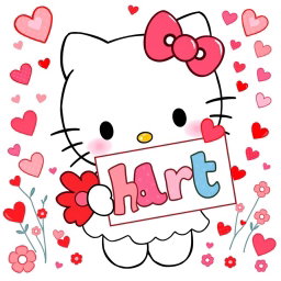 A delightful illustration of Hello Kitty from Sanrio, adorned with various heart motifs in her outfit and accessories