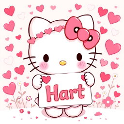 A delightful illustration of Hello Kitty from Sanrio, adorned with various heart motifs in her outfit and accessories