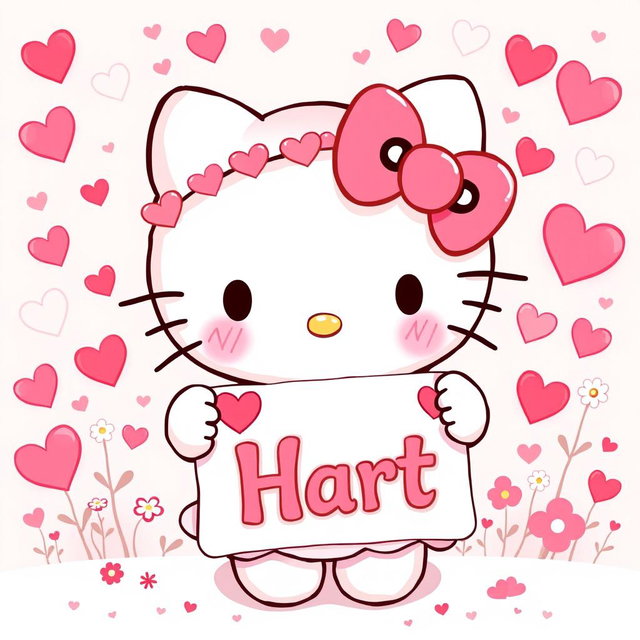 A delightful illustration of Hello Kitty from Sanrio, adorned with various heart motifs in her outfit and accessories