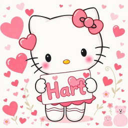 A delightful illustration of Hello Kitty from Sanrio, adorned with various heart motifs in her outfit and accessories
