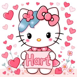 A delightful illustration of Hello Kitty from Sanrio, adorned with various heart motifs in her outfit and accessories