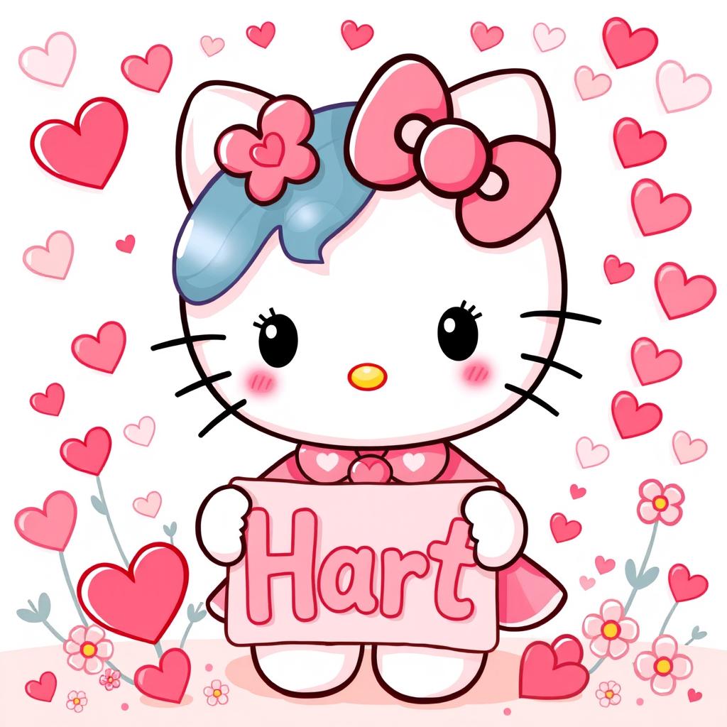 A delightful illustration of Hello Kitty from Sanrio, adorned with various heart motifs in her outfit and accessories