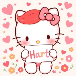 A charming illustration of Hello Kitty from Sanrio, this time with vibrant red hair styled in a cute manner