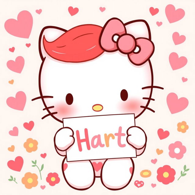 A charming illustration of Hello Kitty from Sanrio, this time with vibrant red hair styled in a cute manner