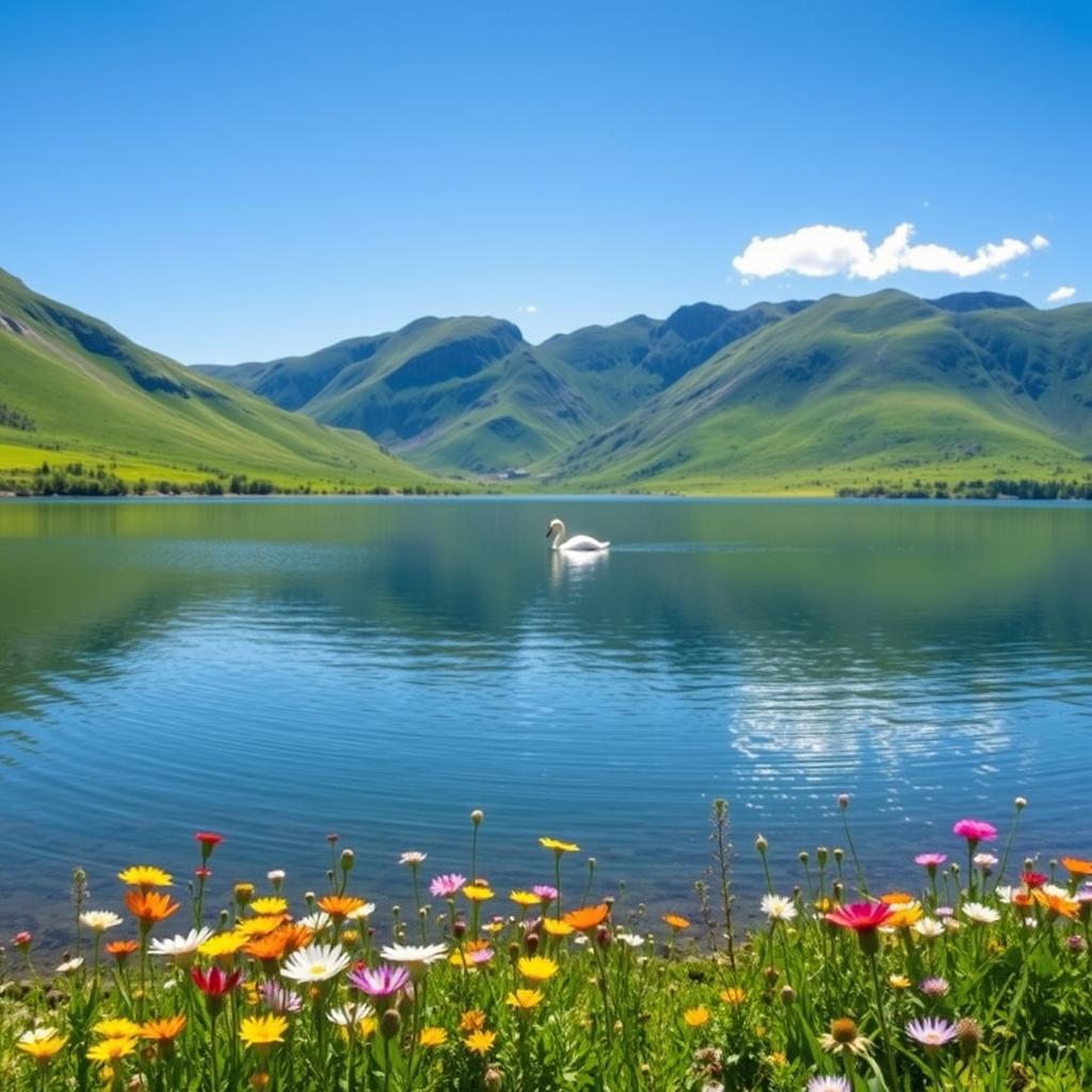 A serene landscape featuring a clear blue lake surrounded by green mountains under a bright blue sky