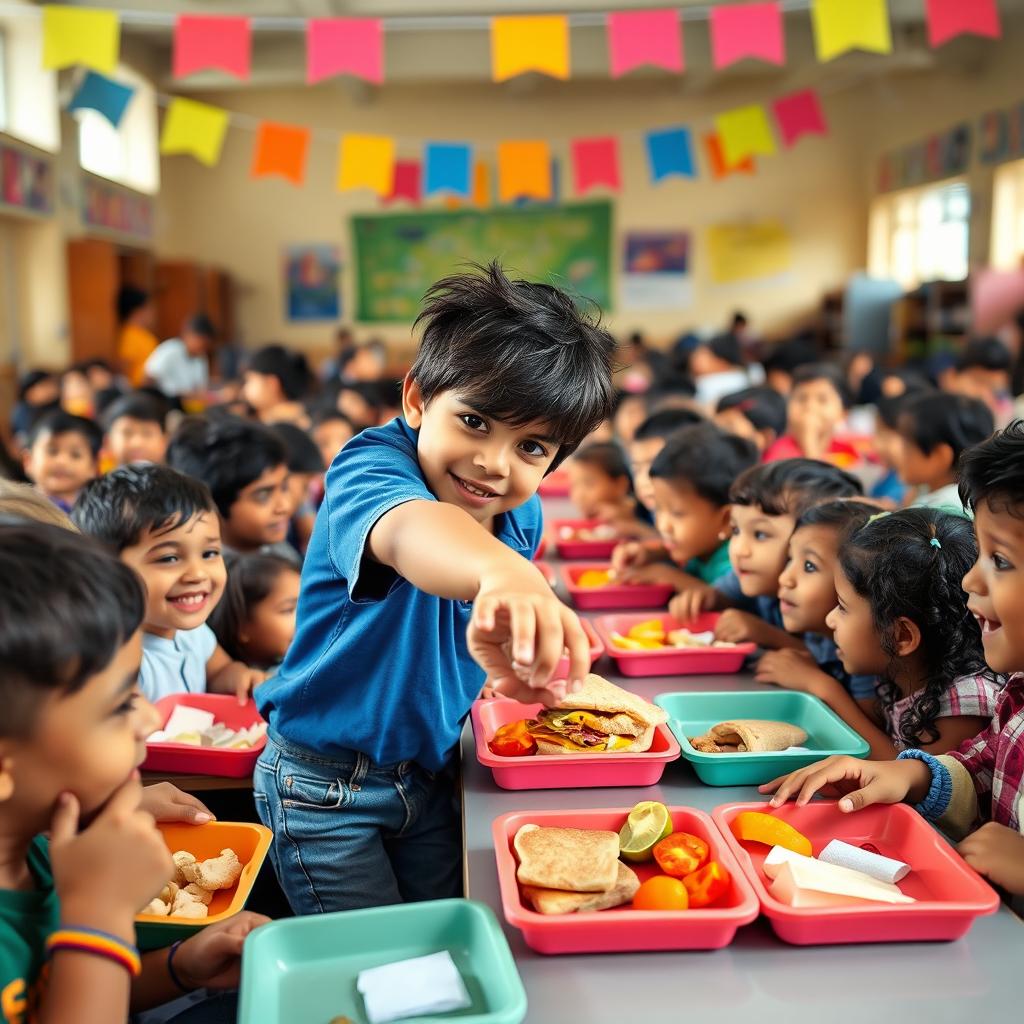 A vibrant school cafeteria scene filled with children of diverse ethnicities enjoying their lunch