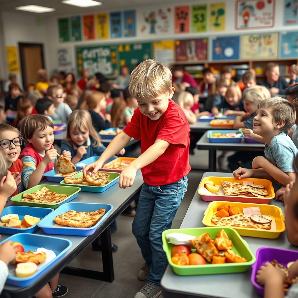 A lively school cafeteria scene in Canada, filled with white children enjoying their lunch