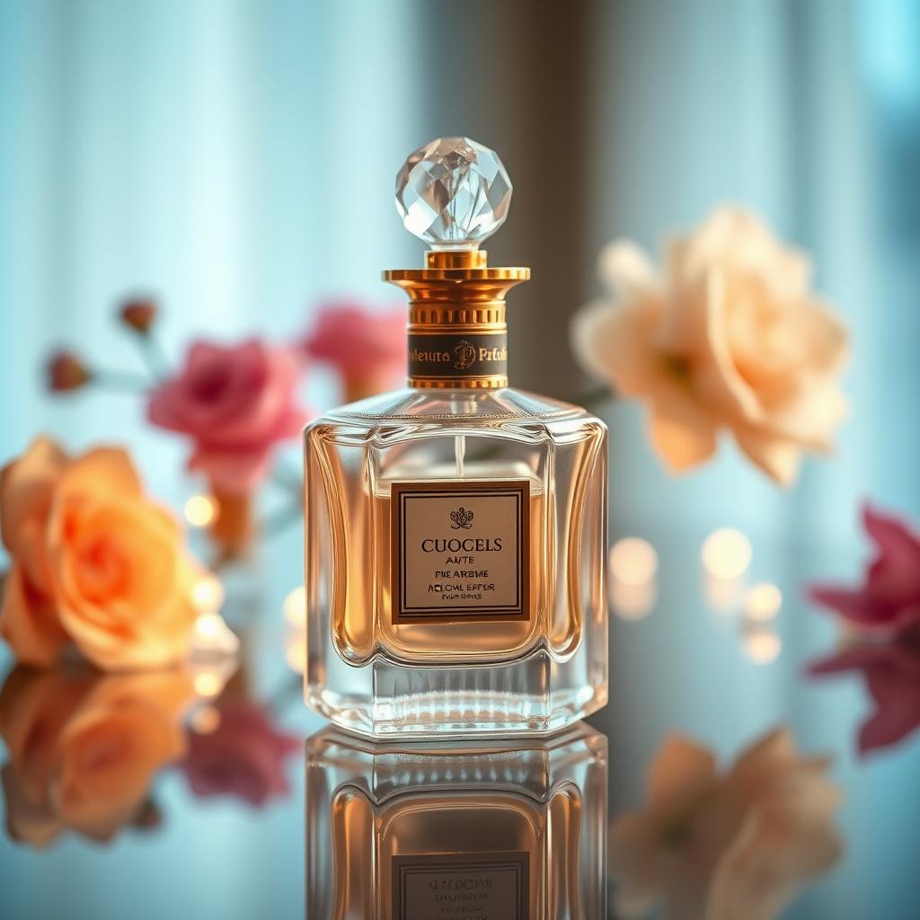 A luxurious perfume bottle elegantly designed with intricate details, sitting on a reflective surface